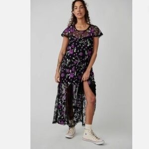 Free People Sky Bright Black Purple Embroidered Mesh Lace Midi Dress Nwt XS